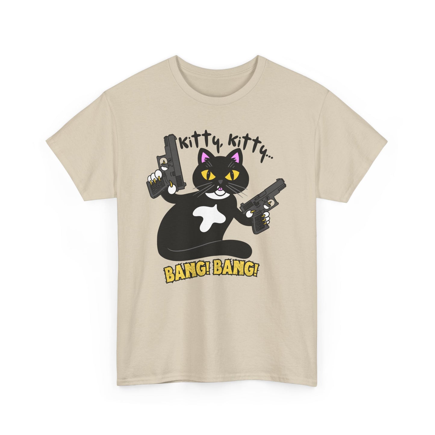 Funny Kitty Cat Graphic Tee - BANG! BANG! Unisex Heavy Cotton Tee (Tuxedo Cat)