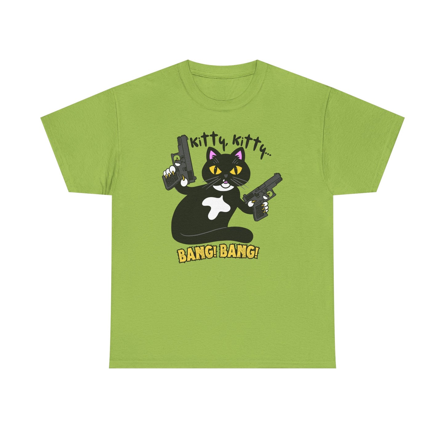 Funny Kitty Cat Graphic Tee - BANG! BANG! Unisex Heavy Cotton Tee (Tuxedo Cat)