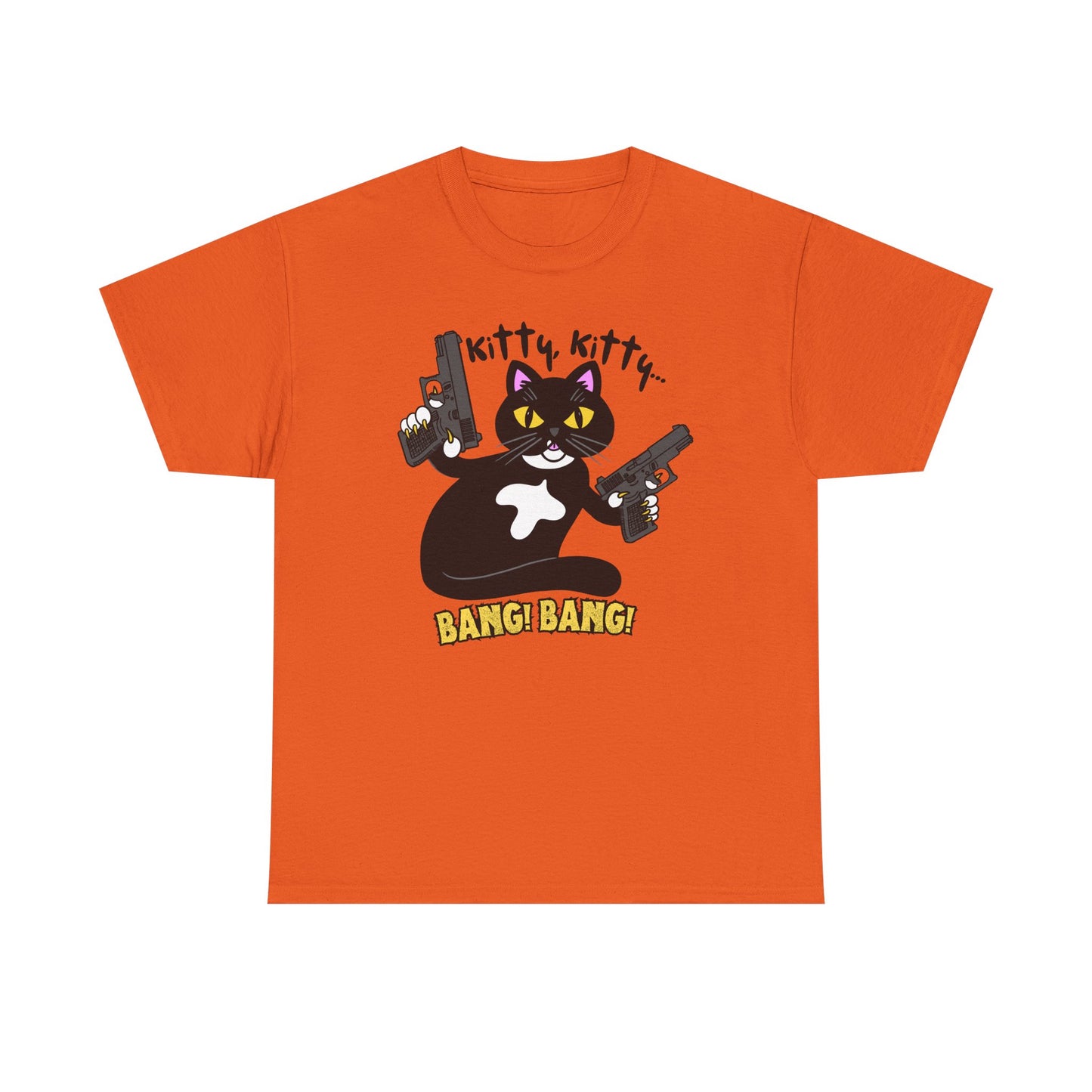 Funny Kitty Cat Graphic Tee - BANG! BANG! Unisex Heavy Cotton Tee (Tuxedo Cat)