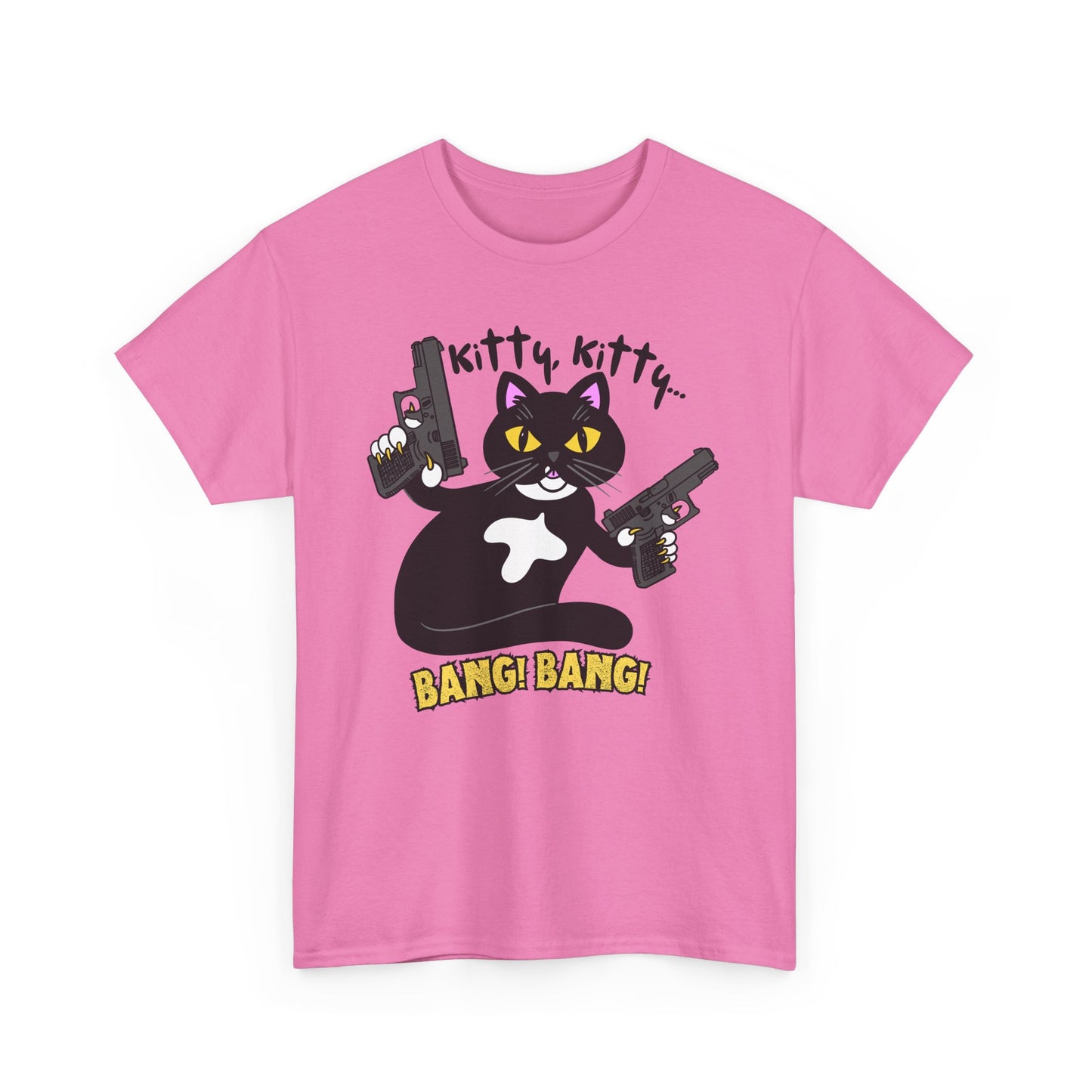 Funny Kitty Cat Graphic Tee - BANG! BANG! Unisex Heavy Cotton Tee (Tuxedo Cat)