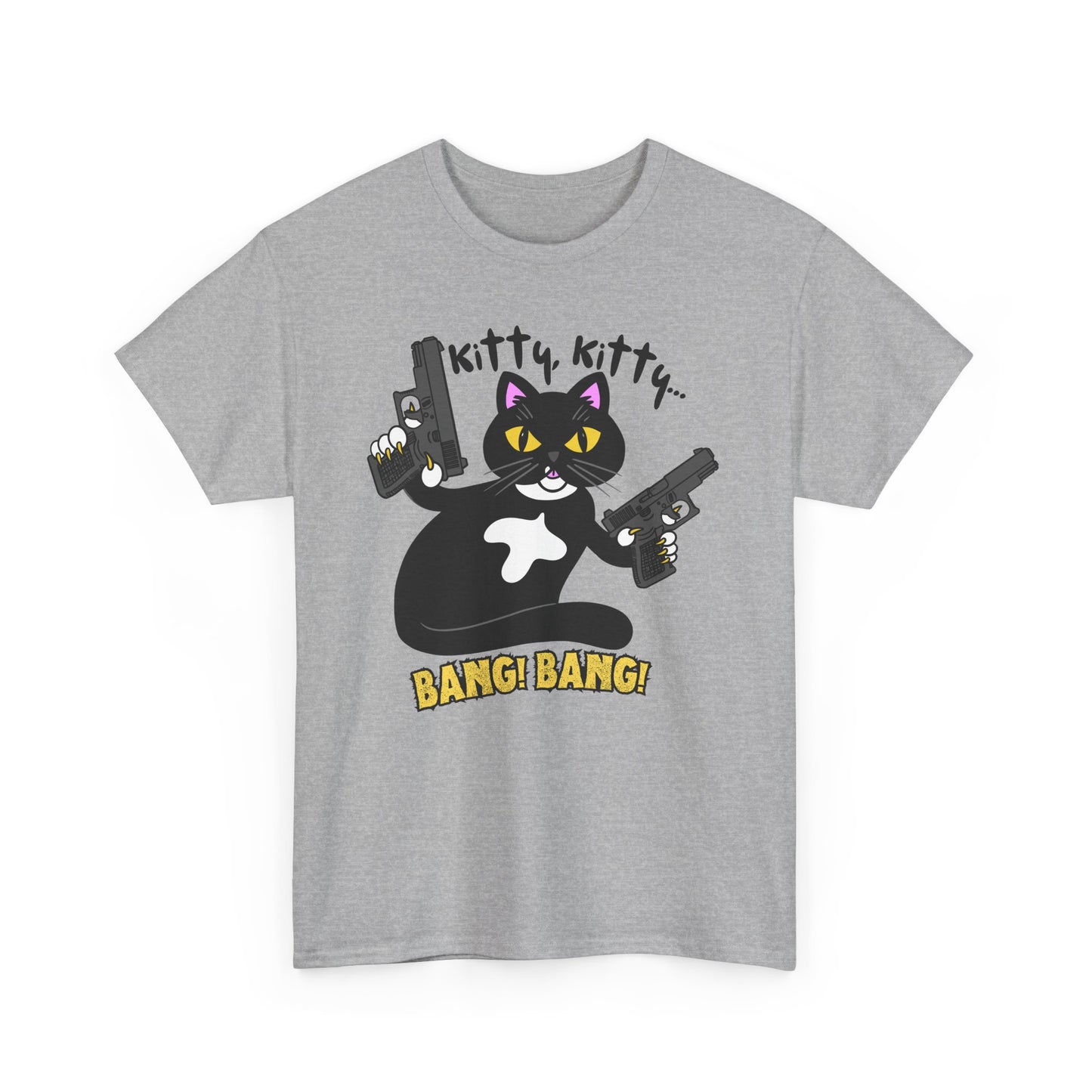 Funny Kitty Cat Graphic Tee - BANG! BANG! Unisex Heavy Cotton Tee (Tuxedo Cat)
