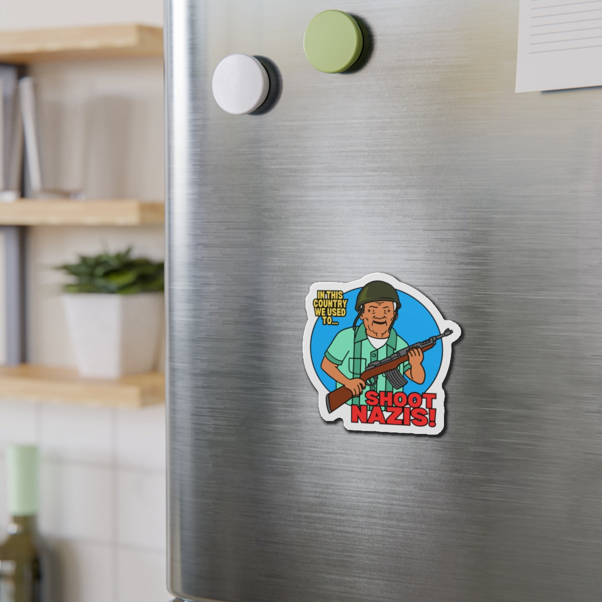 Humorous Die-Cut Magnet - "Shoot Nazis!" Retro Design