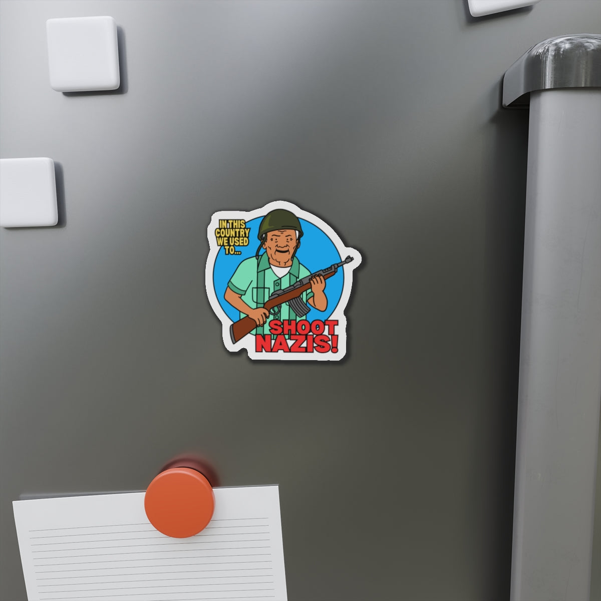 Humorous Die-Cut Magnet - "Shoot Nazis!" Retro Design