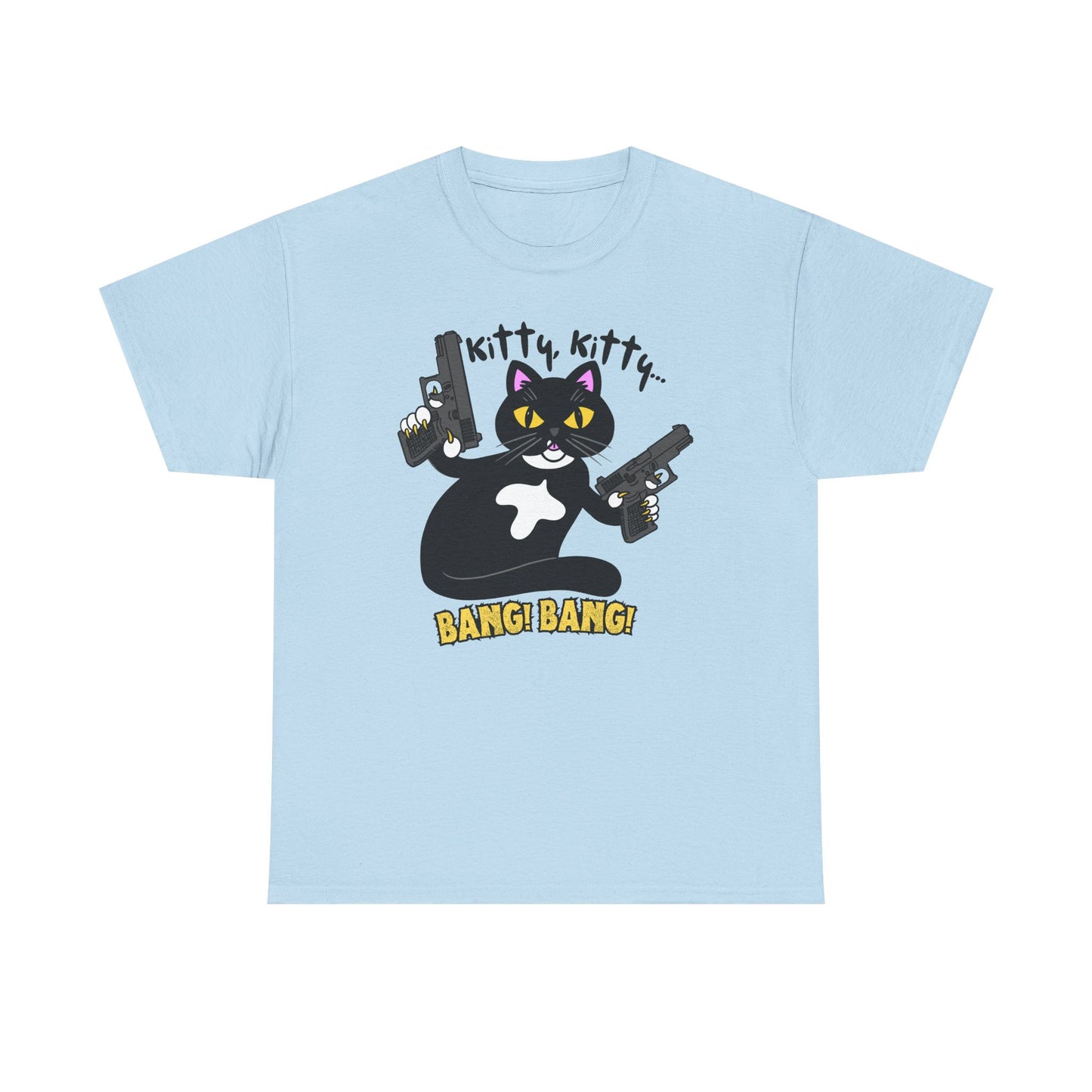 Funny Kitty Cat Graphic Tee - BANG! BANG! Unisex Heavy Cotton Tee (Tuxedo Cat)