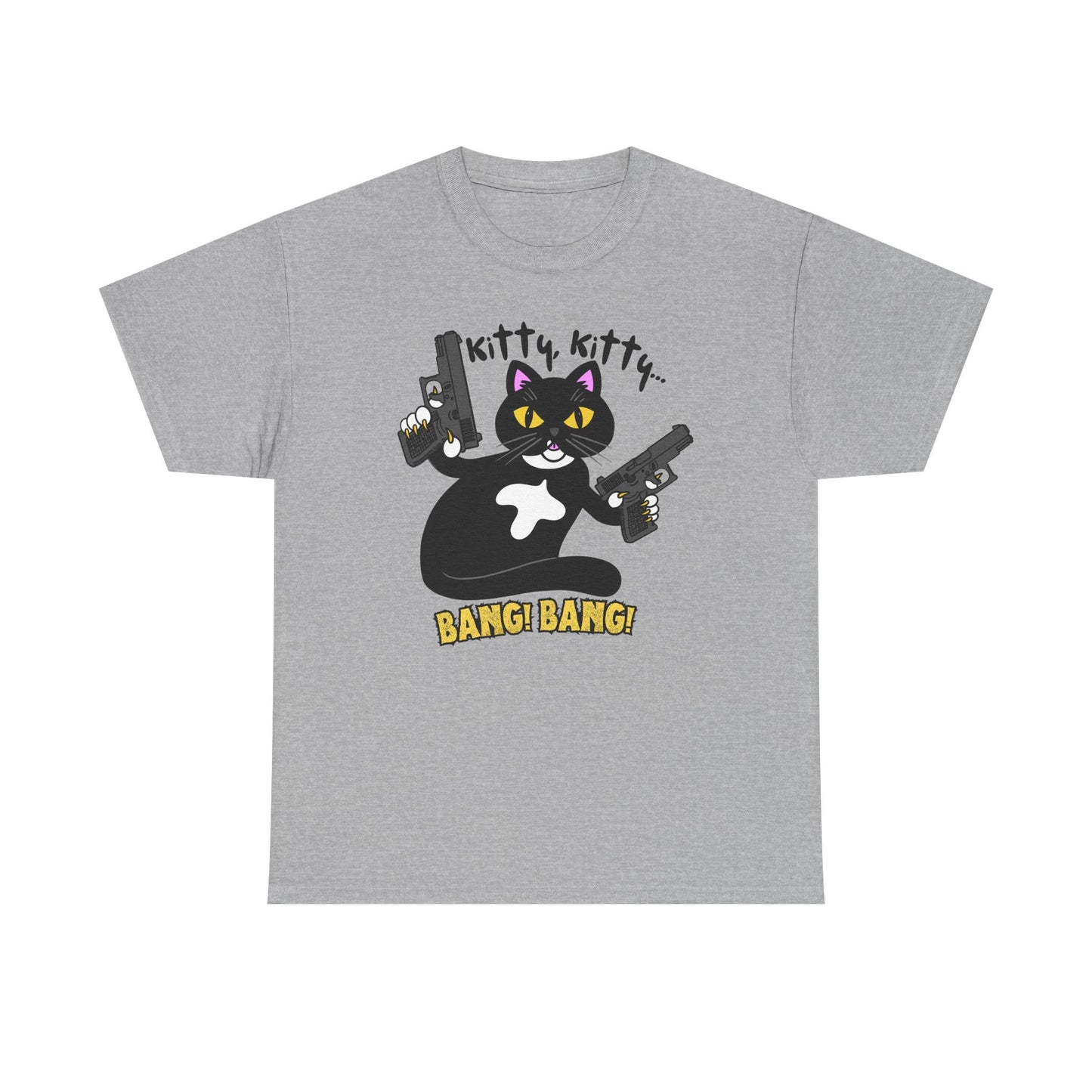 Funny Kitty Cat Graphic Tee - BANG! BANG! Unisex Heavy Cotton Tee (Tuxedo Cat)