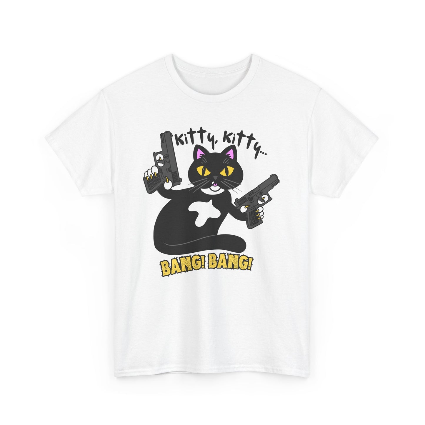Funny Kitty Cat Graphic Tee - BANG! BANG! Unisex Heavy Cotton Tee (Tuxedo Cat)
