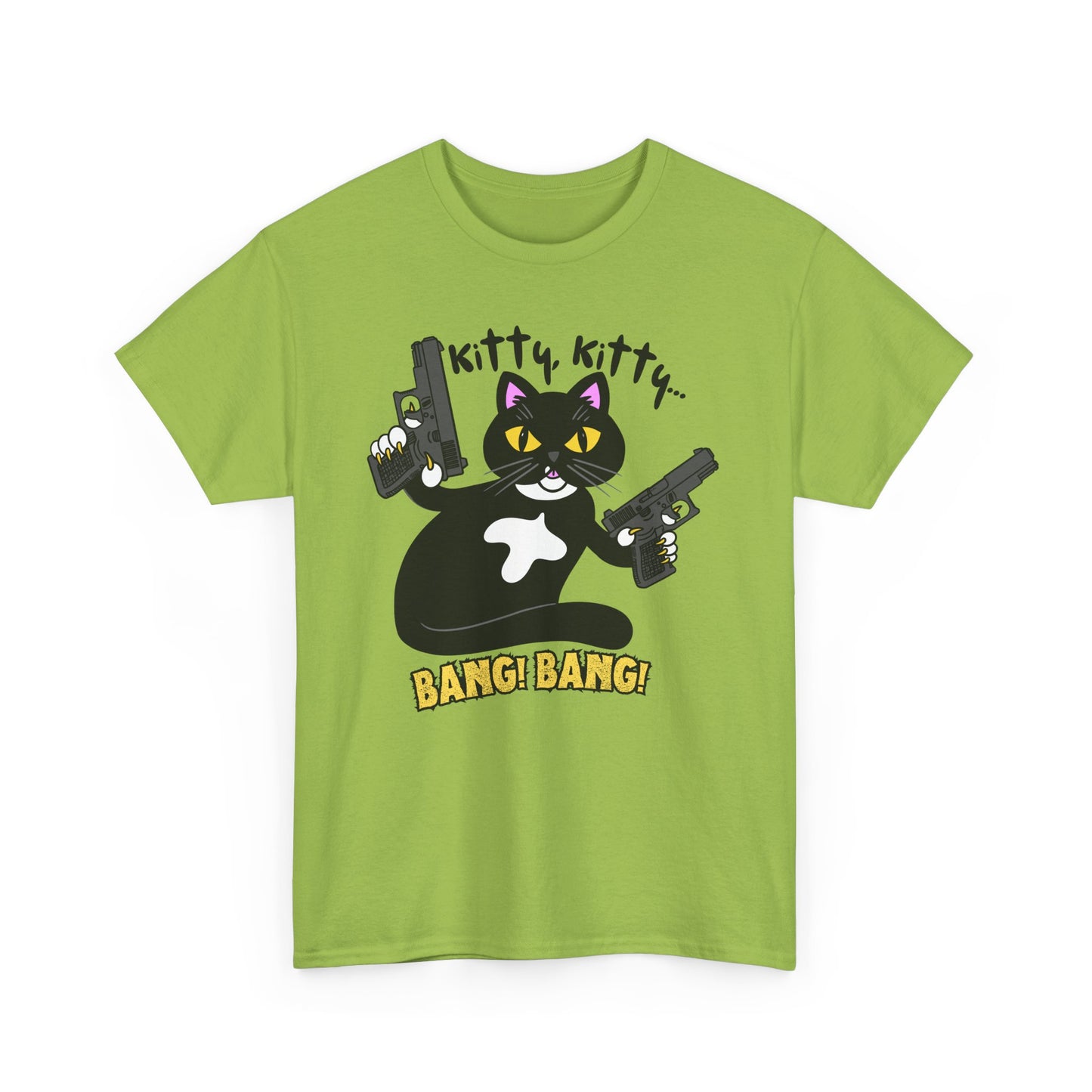 Funny Kitty Cat Graphic Tee - BANG! BANG! Unisex Heavy Cotton Tee (Tuxedo Cat)