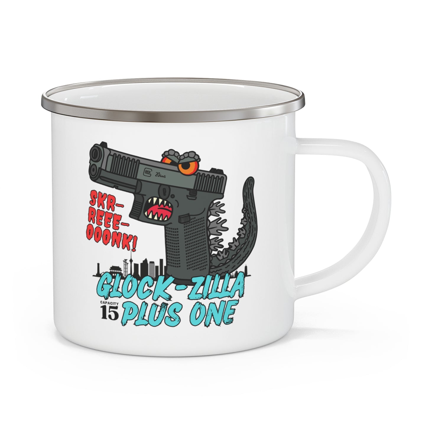 Glock-zilla (Cap15) Plus One! Enamel Camping Mug