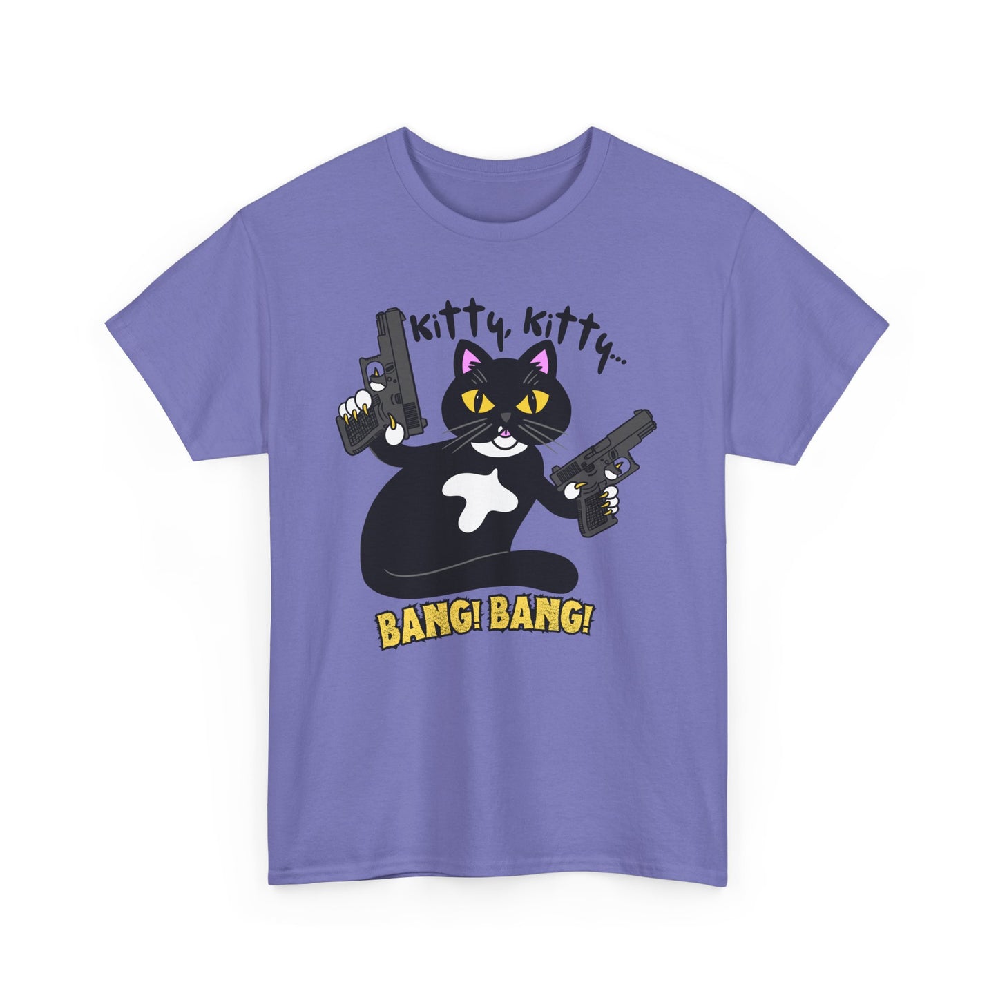 Funny Kitty Cat Graphic Tee - BANG! BANG! Unisex Heavy Cotton Tee (Tuxedo Cat)