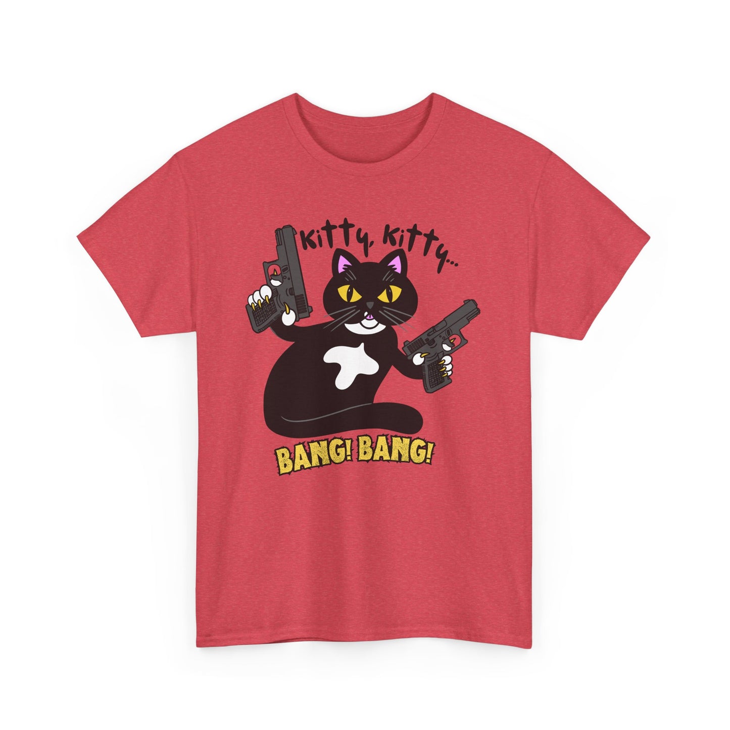 Funny Kitty Cat Graphic Tee - BANG! BANG! Unisex Heavy Cotton Tee (Tuxedo Cat)