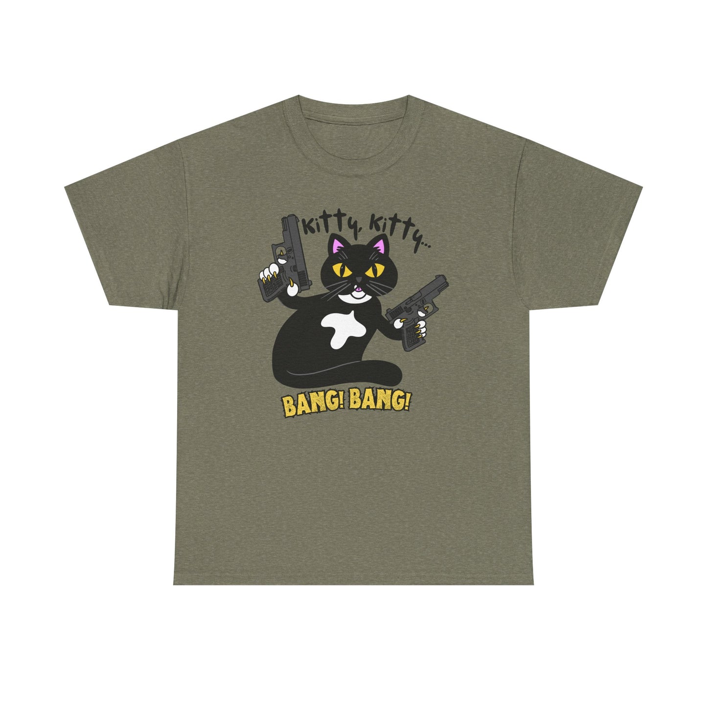 Funny Kitty Cat Graphic Tee - BANG! BANG! Unisex Heavy Cotton Tee (Tuxedo Cat)