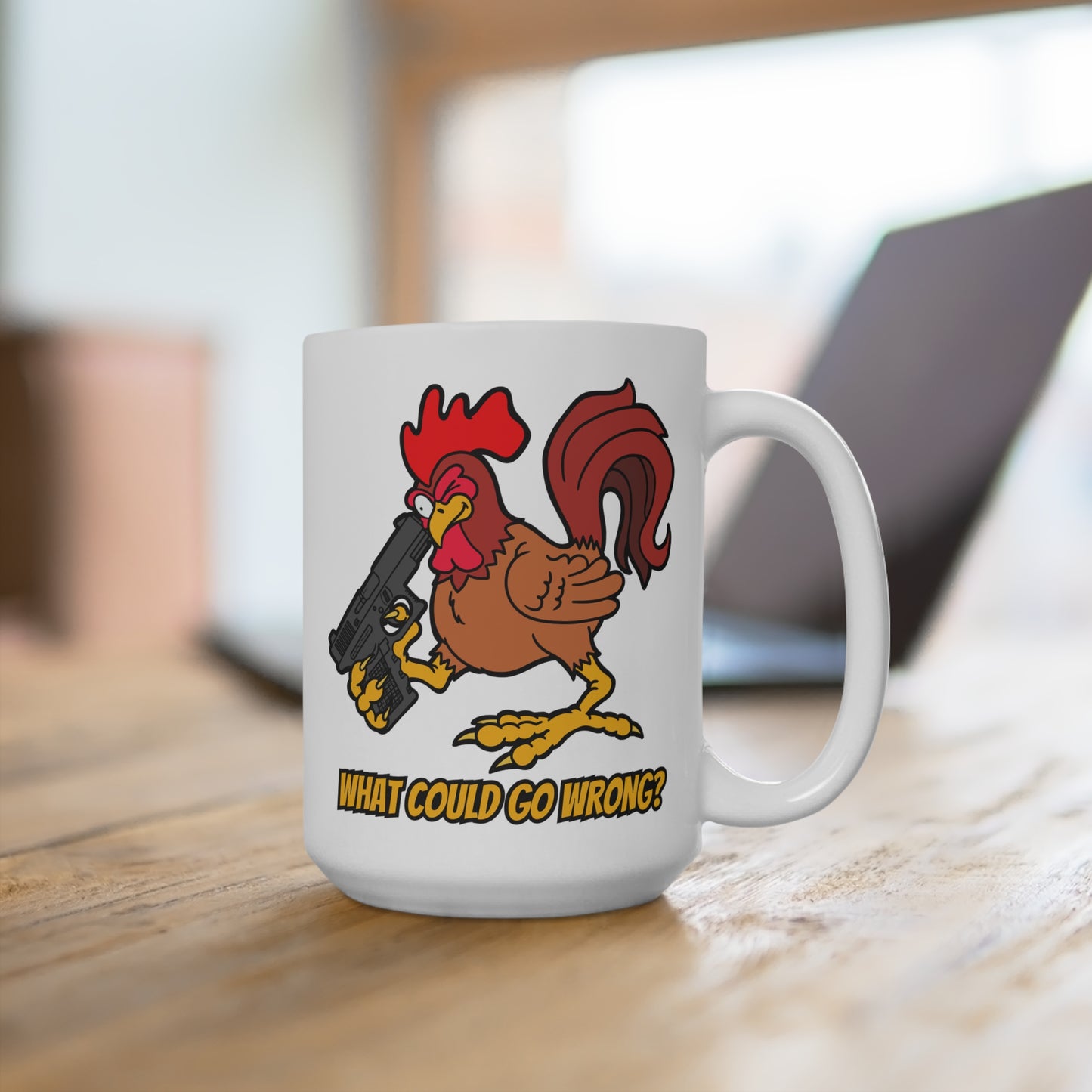 Funny Rooster Mug - 'What Could Go Wrong?' 15oz Coffee Cup for Humor Lovers