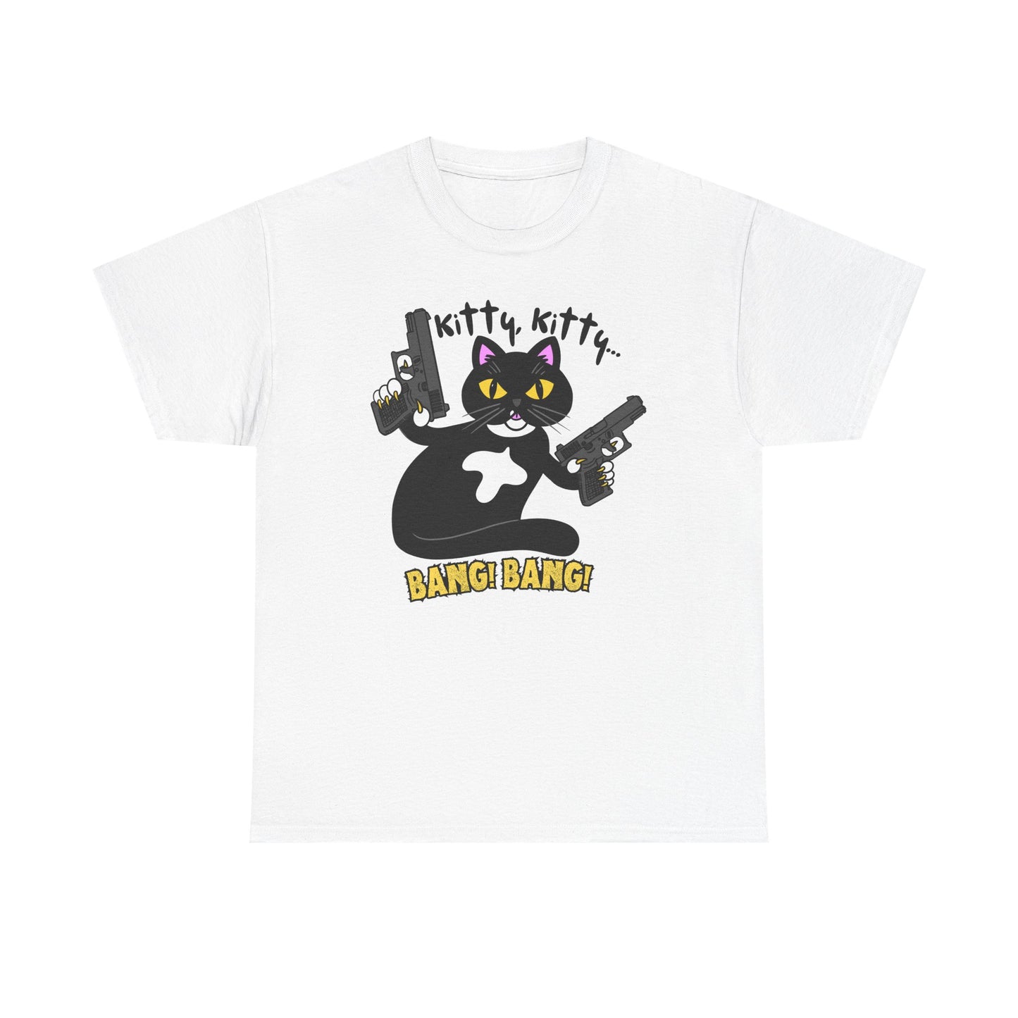 Funny Kitty Cat Graphic Tee - BANG! BANG! Unisex Heavy Cotton Tee (Tuxedo Cat)