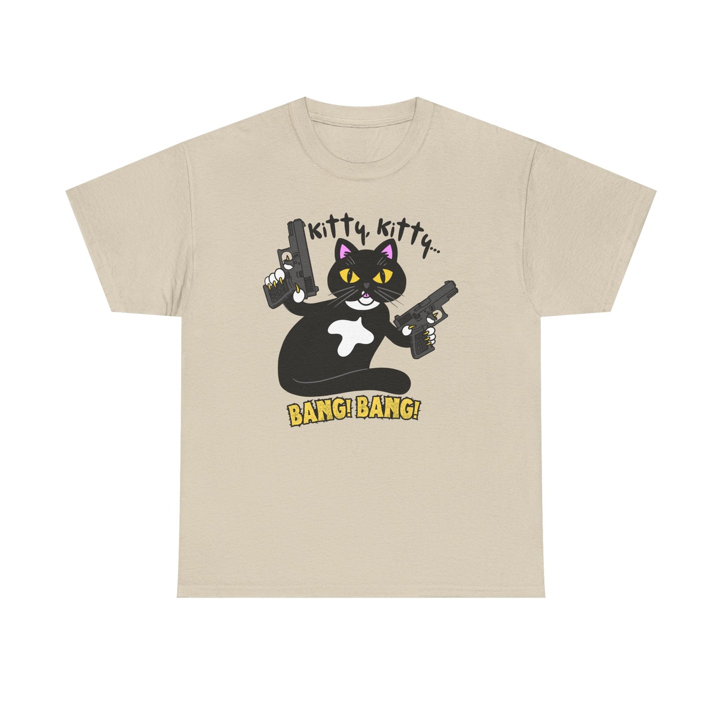 Funny Kitty Cat Graphic Tee - BANG! BANG! Unisex Heavy Cotton Tee (Tuxedo Cat)
