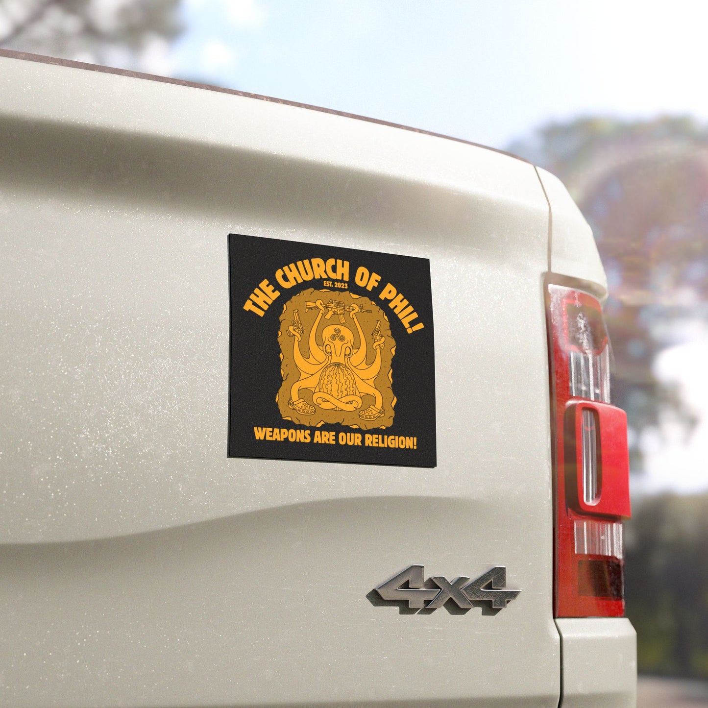 Funny Octopus Car Magnet - "Weapons Are Our Religion!"