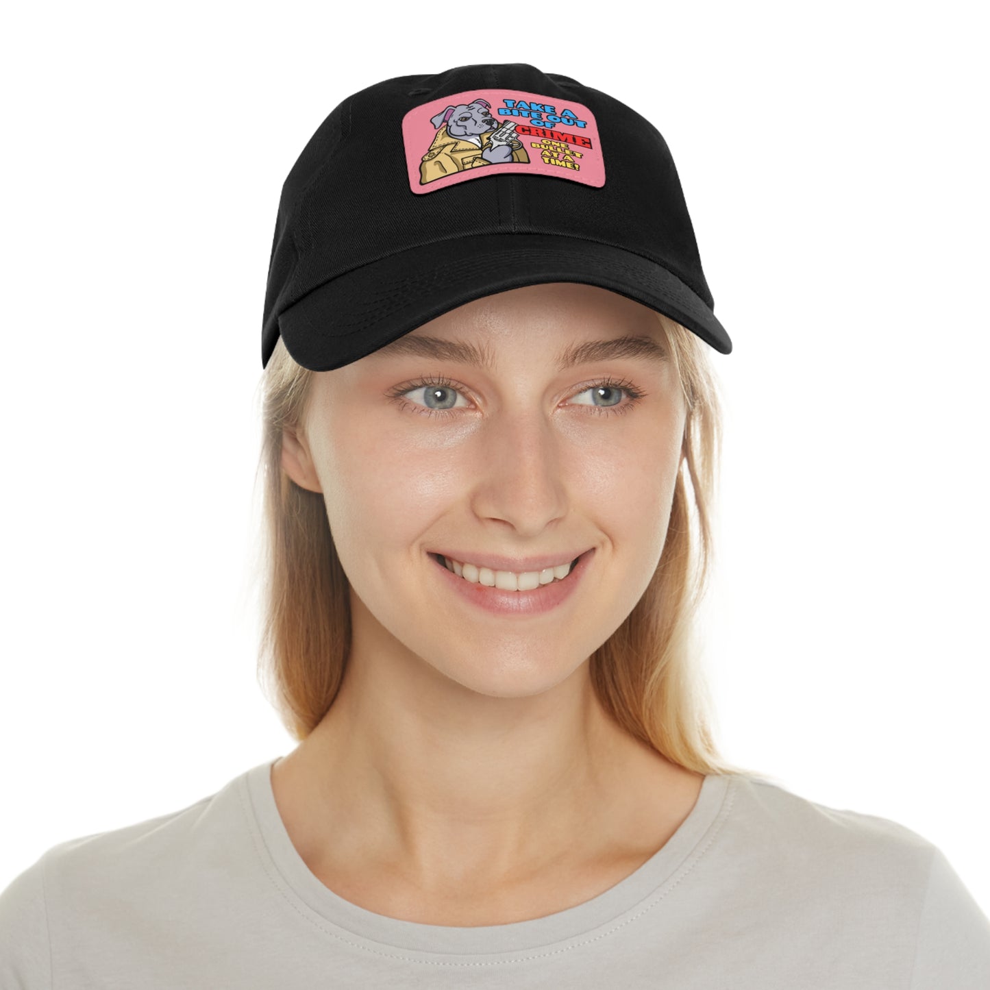 Bite Out of Crime! Dad Hat with Leather Patch (Rectangle)