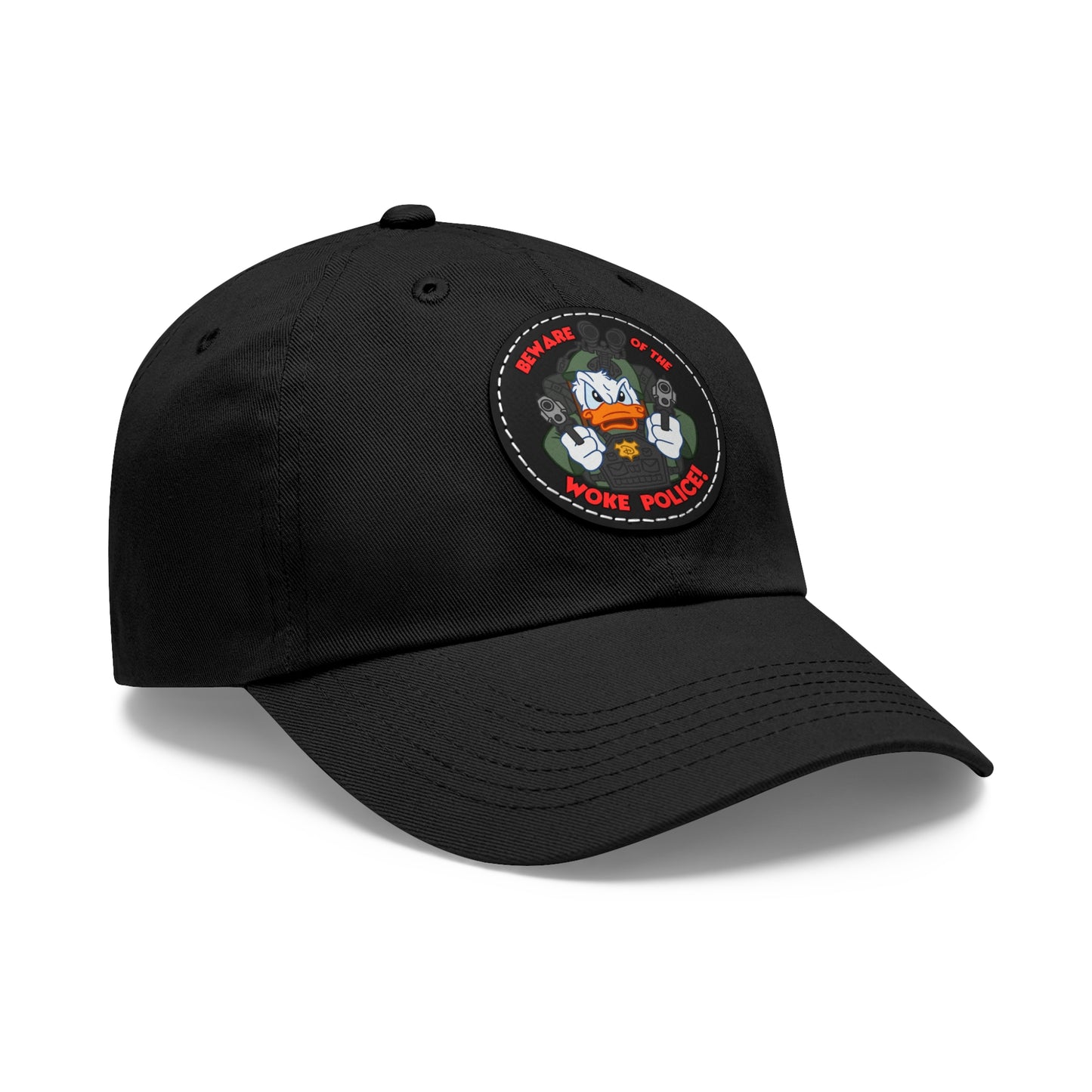 Beware of the Woke Police! Dad Hat with Leather Patch (Round)