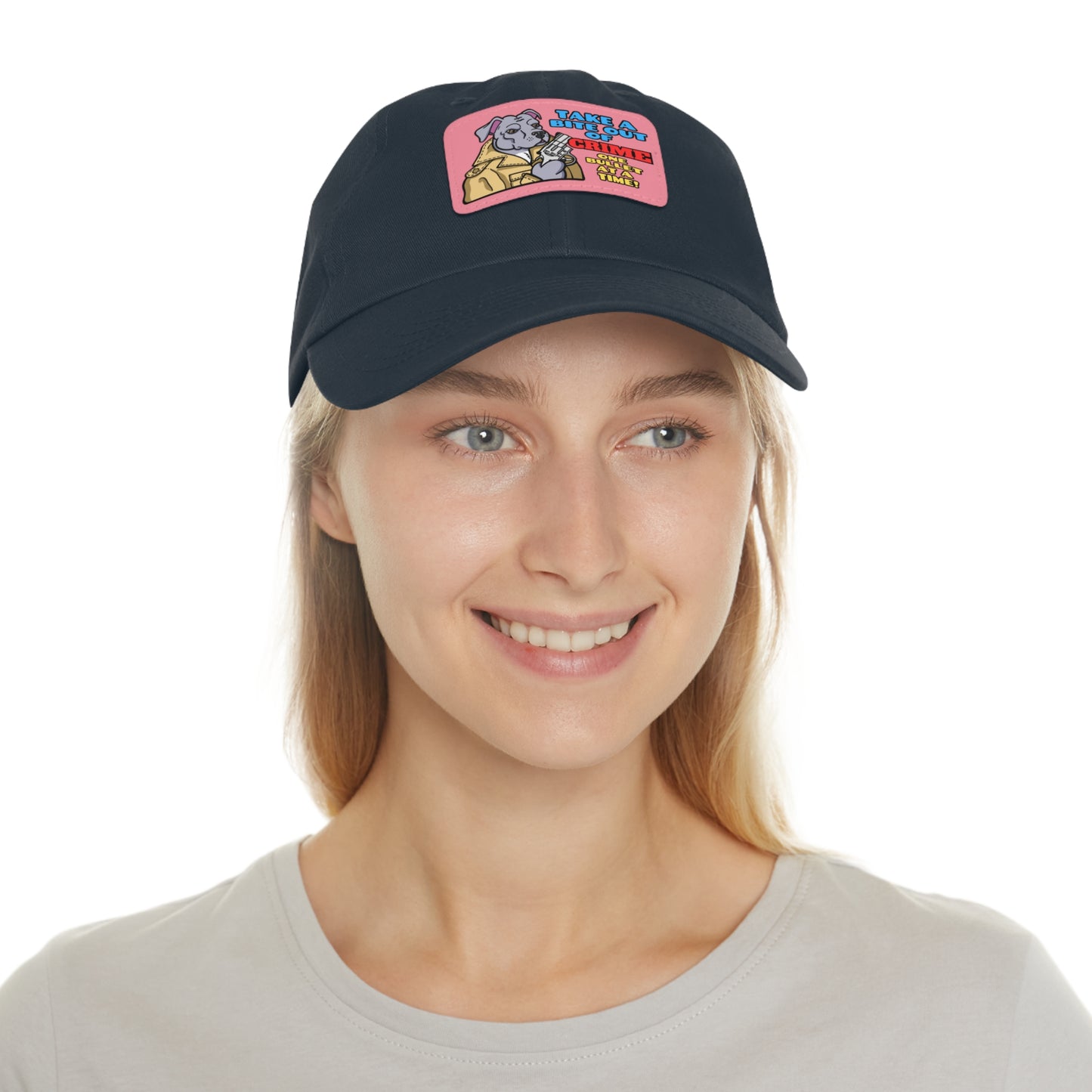 Bite Out of Crime! Dad Hat with Leather Patch (Rectangle)