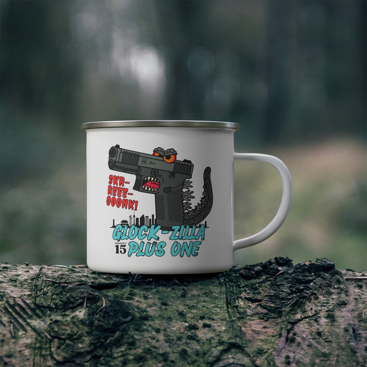 Glock-zilla (Cap15) Plus One! Enamel Camping Mug