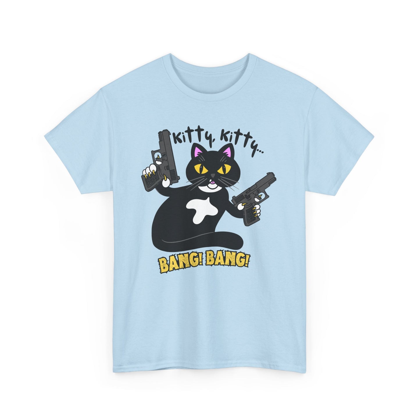 Funny Kitty Cat Graphic Tee - BANG! BANG! Unisex Heavy Cotton Tee (Tuxedo Cat)