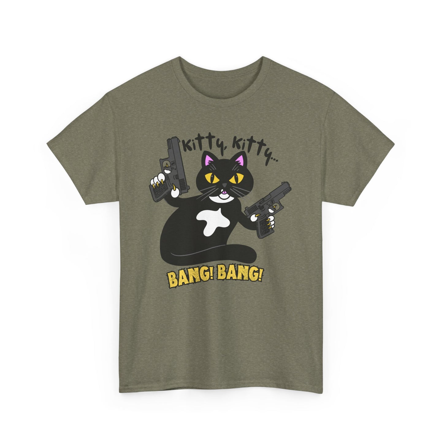 Funny Kitty Cat Graphic Tee - BANG! BANG! Unisex Heavy Cotton Tee (Tuxedo Cat)