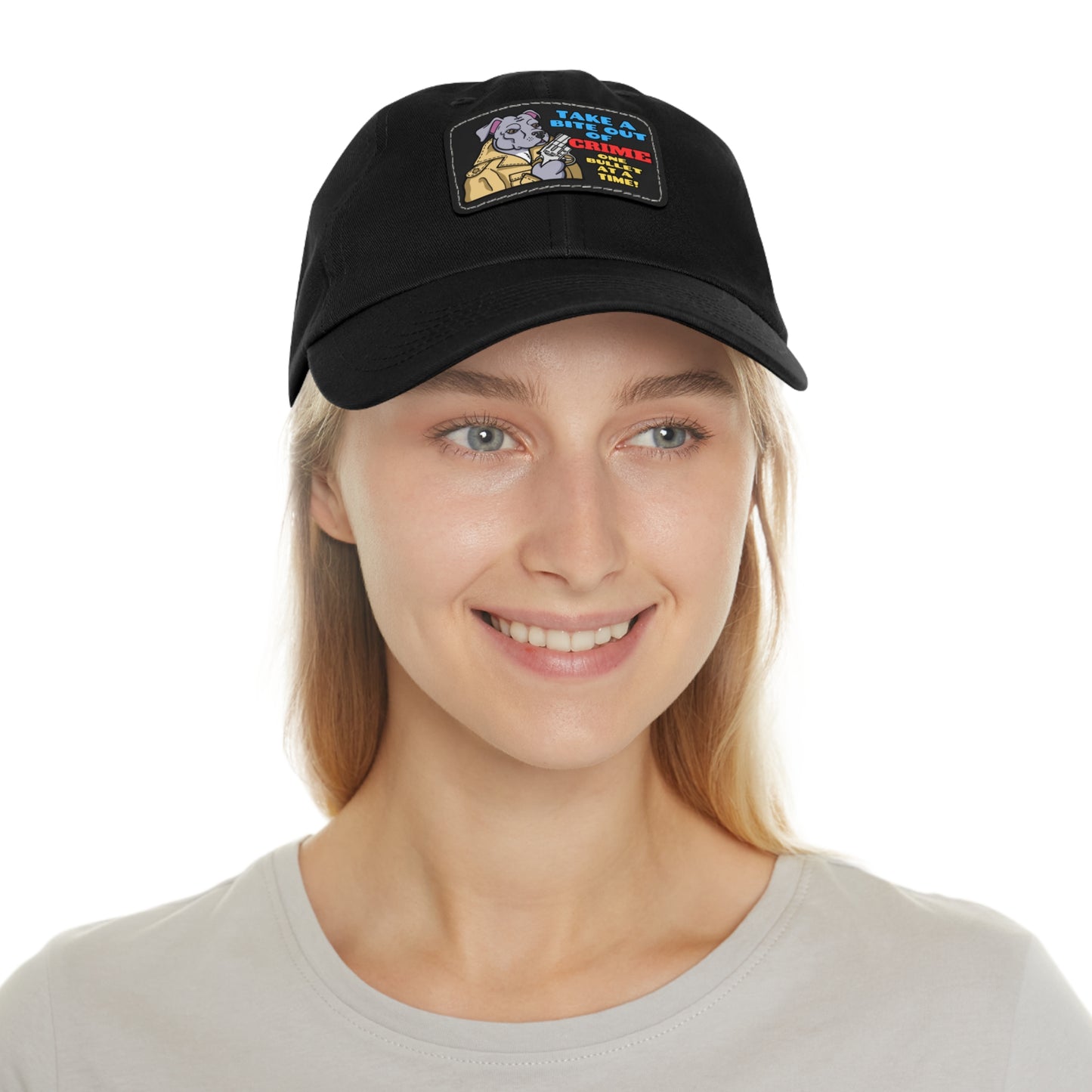 Bite Out of Crime! Dad Hat with Leather Patch (Rectangle)