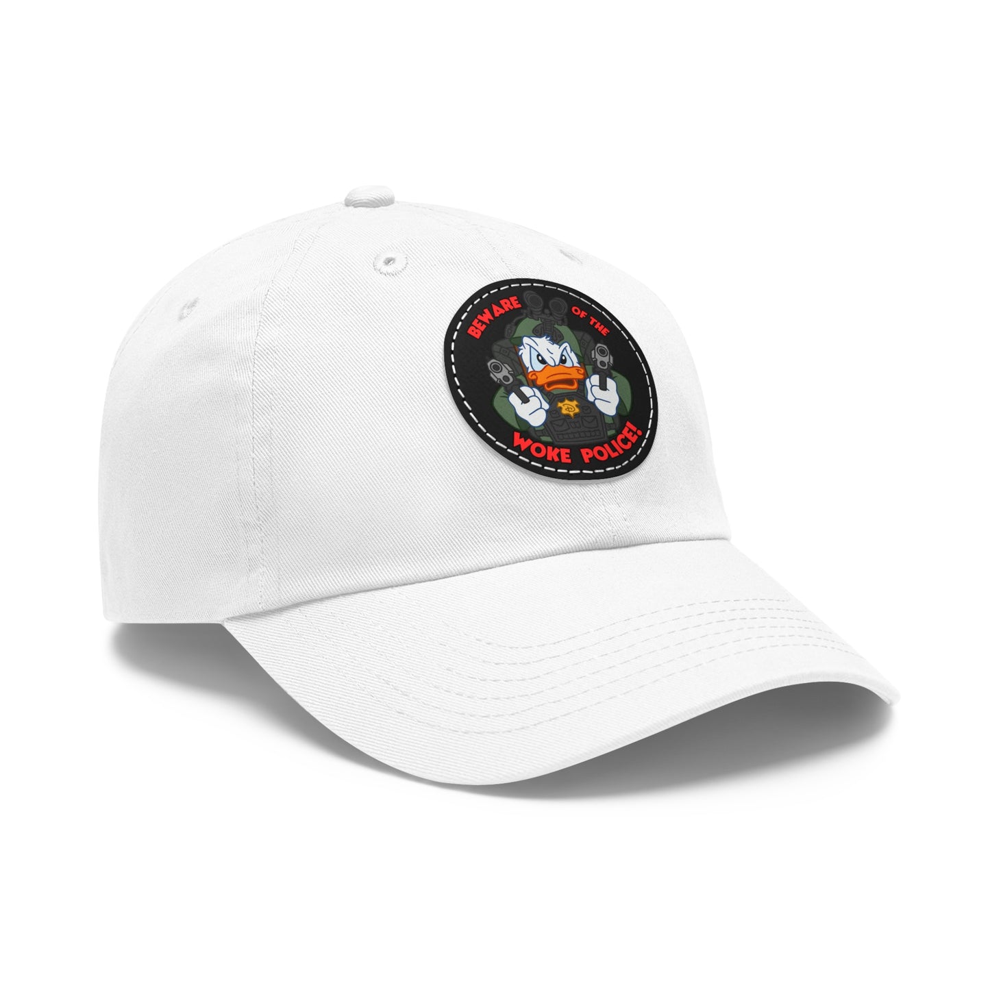 Beware of the Woke Police! Dad Hat with Leather Patch (Round)