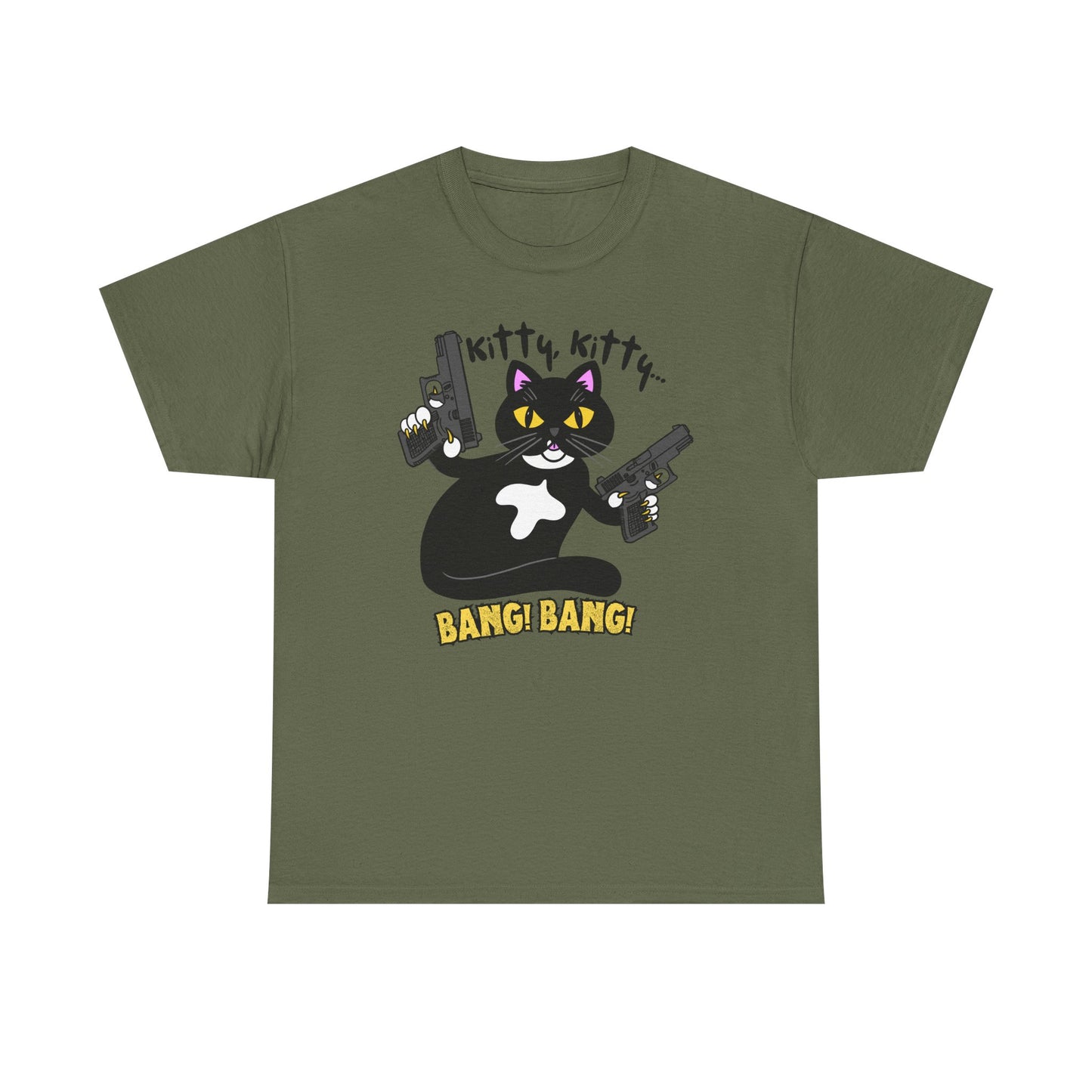 Funny Kitty Cat Graphic Tee - BANG! BANG! Unisex Heavy Cotton Tee (Tuxedo Cat)