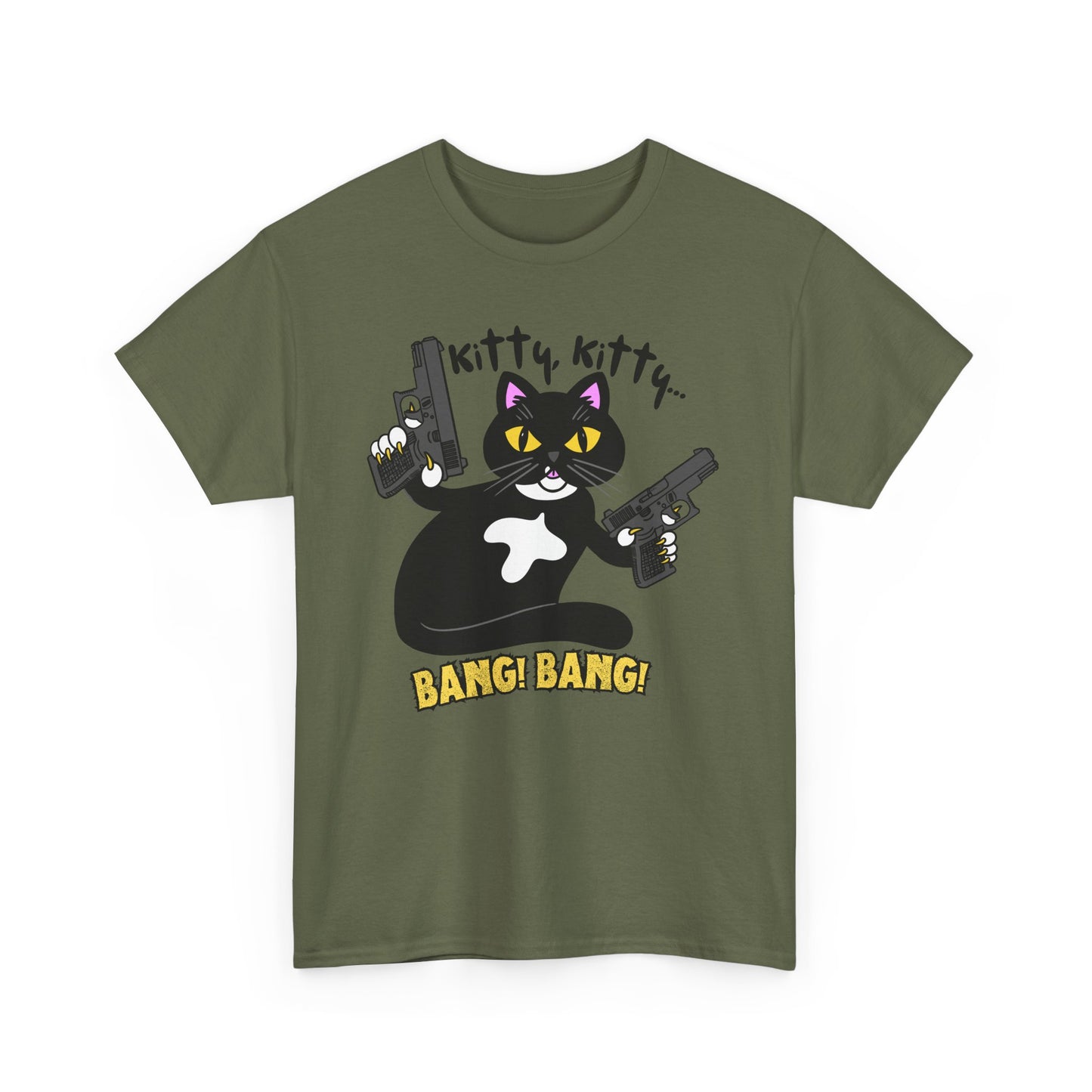 Funny Kitty Cat Graphic Tee - BANG! BANG! Unisex Heavy Cotton Tee (Tuxedo Cat)